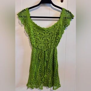 Green Crochet Scoop Neck Babydoll Top